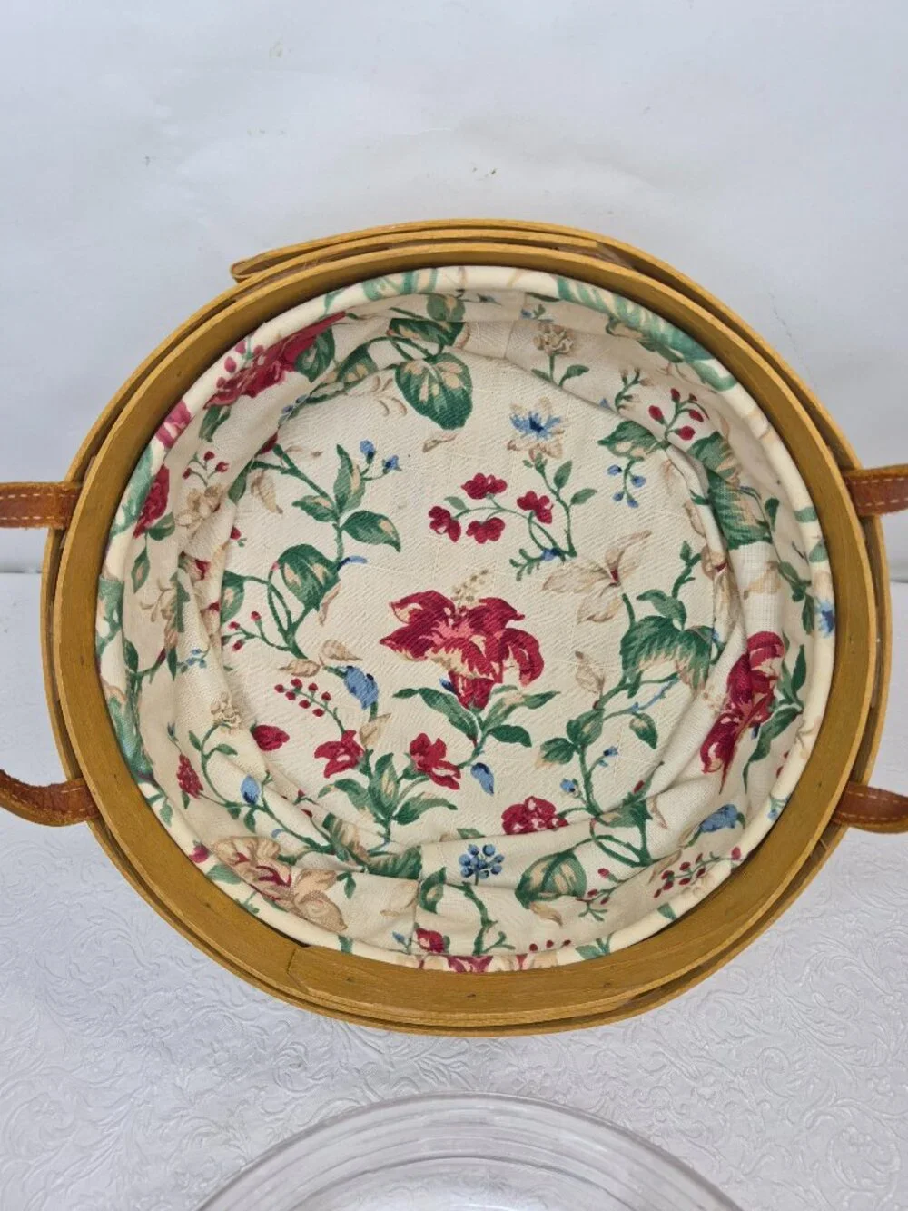 Vtg Longaberger Handmade Fabric Lined Button Wicker Basket Insert Leather Handle